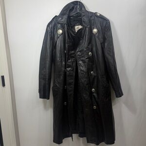 Berman’s Black leather long jacket Double Breasted Silver medallions Belted  38